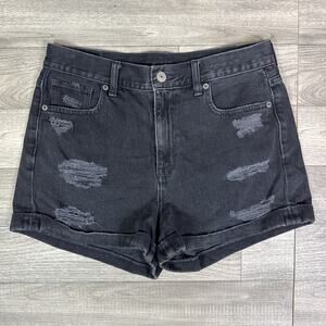American Eagle Ripped High Rise Cuffed Mom Denim Jean Shorts Black Wash sz 4